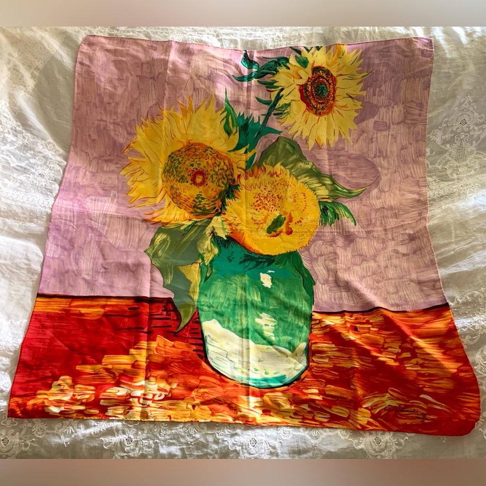 Vintage Constantino Tomas Scarf
Art Van Gogh Sunflower In Vase Italian 35 x 33”